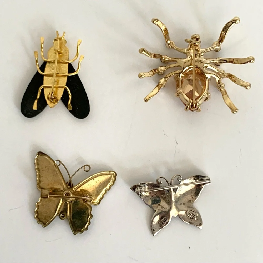 VTG Butterfly Bug Insect Pin Brooches Bundle of  4 Silver Damascene Rhinestone - Picture 9 of 11